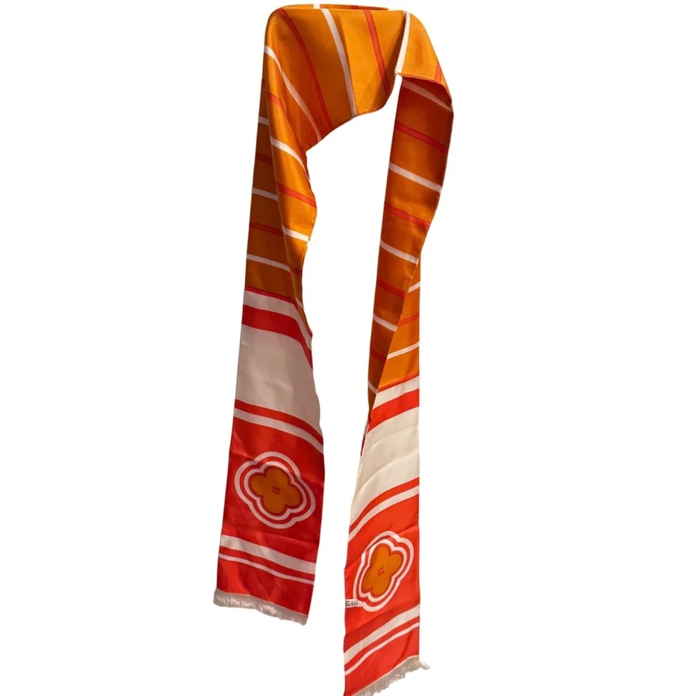 Vintage Japanese Obi Orange‎ Stripe Acetate Scarf with Floral Medallion 70x5.5